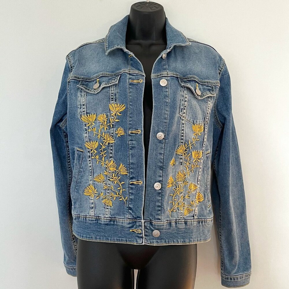 LuLaRoe Floral Embroidered Jaxon Denim Jacket, Size Large